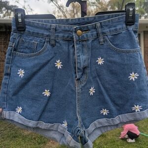 SHEIN Blue Denim Daisy Embroidered Shorts